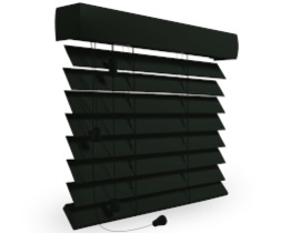 Schwarze Holzjalousien mit Schnurleiter